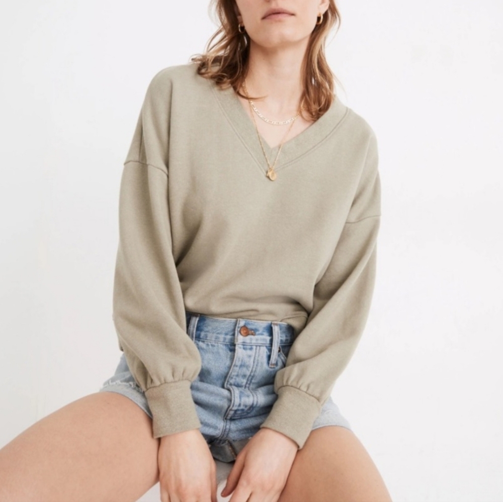 Madewell Hemp Blend Forgotten Landscape Vneck Light Green Sweatshirt Size S